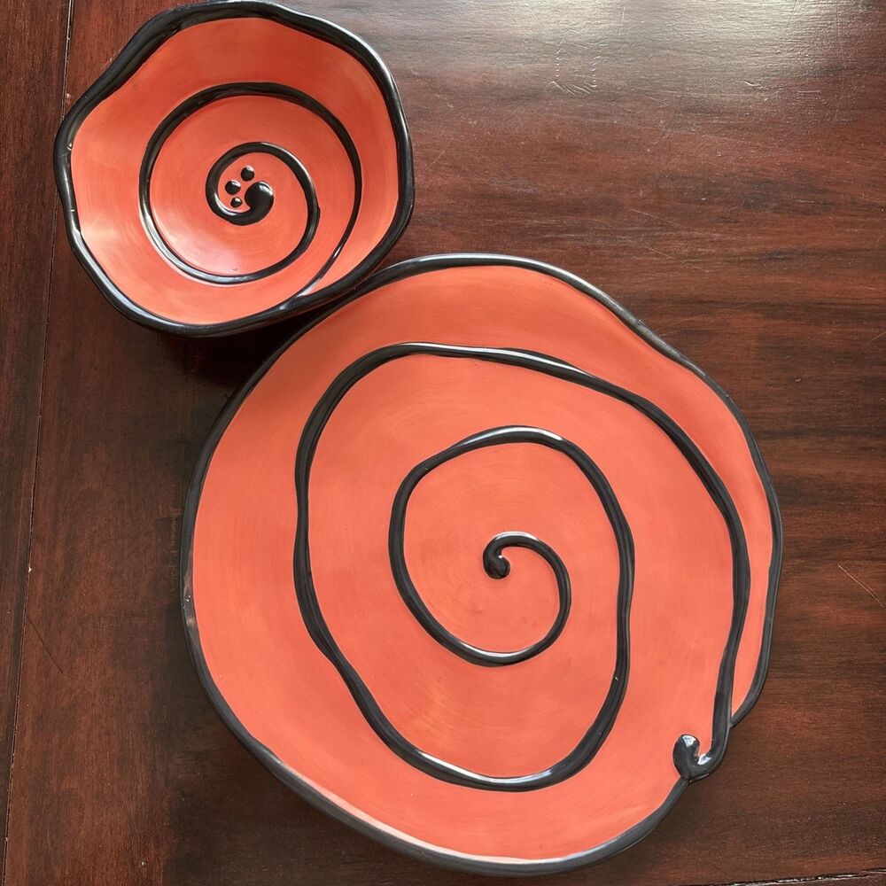 Vintage Bella Casa by Ganz Plate & Bowl, Orange, Black Swirl